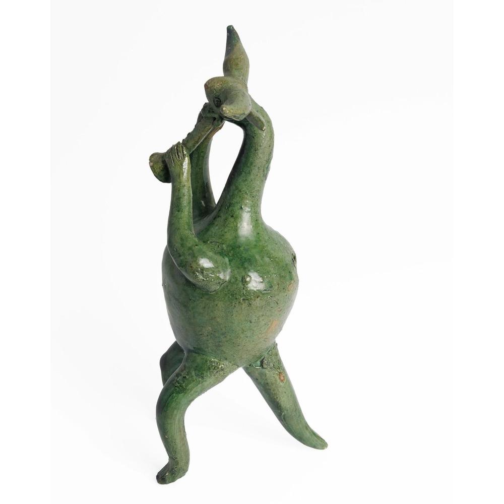 Vintage Flute Player Figurine Green Glaze Hand Made Folk Art Whimsical - Picture 4 of 7